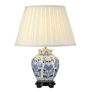 Table Lamp Oriental Wooden Base Ivory Box Pleat Shade Blue/White LED E27 60w