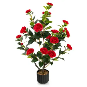 Costway Artificial Camellia Tree Faux Flower Plant Artificial Tree in Cement Pot Greenery Potted Plant Free Maintenance