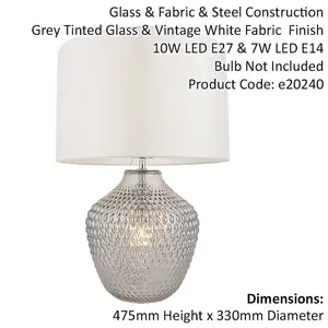 Grey Tinted Faceted Glass Twin Lit Table Lamp Light & Vintage White Fabric Shade