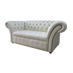 Chesterfield 2 Seater Buttoned Seat Cottonseed Real Leather Sofa Settee In Balmoral Style