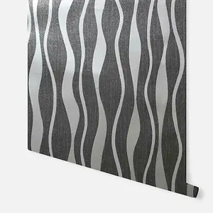 Arthouse Metallic Wave Black/Silver Wallpaper