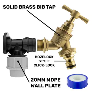 outside tap kit,20mm mdpe wallplate/elbow backplate+ bib tap+ptfe tape,brass garden tap for hose