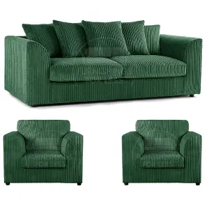 Luxor Jumbo Cord 3 + 1 + 1 Fabric 3 Piece Sofa Suite - Scatter Back Green