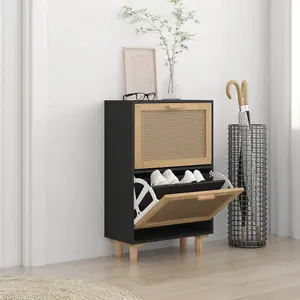 Berkfield Shoe Cabinet Black 52x25x80 cm Engineered Wood&Natural Rattan