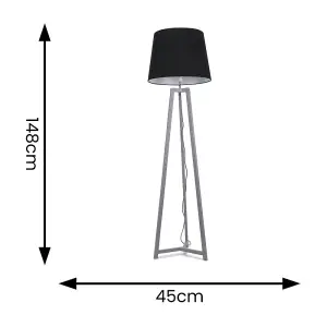 ValueLights Lottie Grey Wood Tripod Floor Lamp with Black Tapered Shade