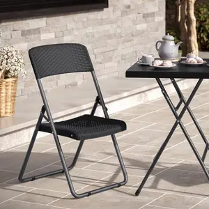 URBNGARDEN 82cm Height Black 6Pcs Rattan Effect Metal Folding Chairs Outdoor Indoor Dining Furniture