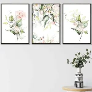 Set of 3 Pink Watercolour Rose Bouquets Wall Art Prints / 42x59cm (A2) / Black Frame