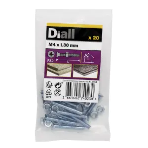 Diall M4 Cruciform Philips Pan head Zinc-plated Carbon steel Machine screw & nut (Dia)4mm (L)30mm, Pack of 20