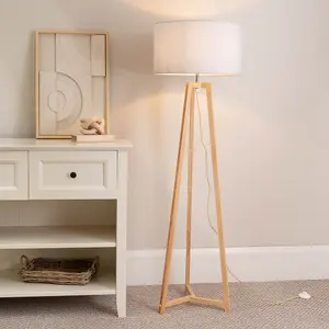 ValueLights Lottie Natural Wood Tripod Floor Lamp with White Drum Shade - LED Bulb Included