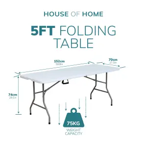 House of Home 5ft Folding Table Heavy Duty Indoor or Outdoor Foldable Collapsible Tables White Fold Up Picnic Camping