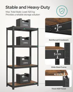 SONGMICS Industrial Adjustable Storage Shelves, 4 Tier, Shelving Unit, for Living Room, Kitchen, Garage, Rustic Brown and Black