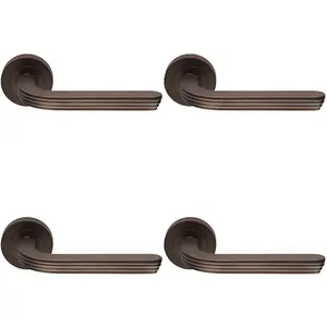 4 PACK - Premium Art Deco Door Handle Set - Matt Bronze Reeded Lever on Round Rose