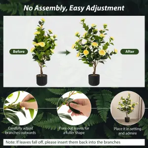 Costway Artificial Camellia Tree Faux Flower Plant Pot Artificial Tree 24 Yellow Flowers