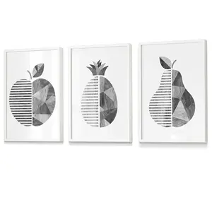 Grey Woodgrain Apple Pear Pineapple Wall Art Prints / 42x59cm (A2) / White Frame