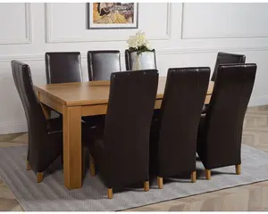 Dakota 182 x 92 cm Chunky Oak Large Dining Table and 8 Chairs Dining Set with Lola Brown Leather Chairs