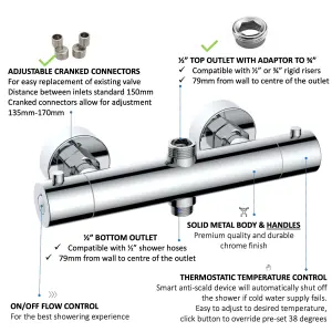 ENKI, Dune, T33, Chrome, Thermostatic Shower Mixer Bar Valve with Two Outlets, Solid Brass, Anti-Scald Device, Anti-Scald Device