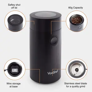 VonShef Coffee Grinder Electric 60g, Coffee Bean Grinder 2500RPM for Coffee, Nuts and Spices, 150W, Black