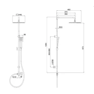 Nes Home Exposed Square Shower Thermostatic Mixer Tap, Handset & Riser Rail Kit