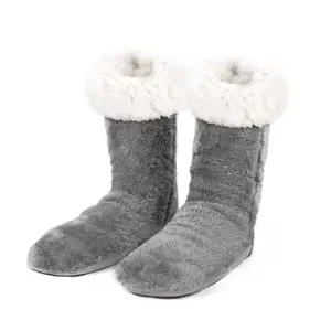 Teddy Fleece Womens Bed Socks Fluffy Pair Sherpa Non Slip Sole, Charcoal