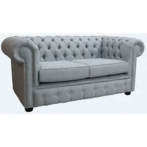 Chesterfield 2 Seater Sofa Charles Sky Blue Linen Fabric In Classic Style