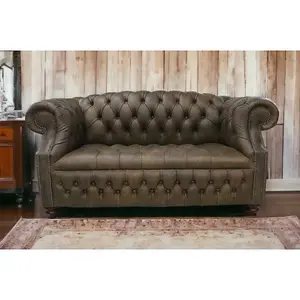 Chesterfield 2 Seater Buttoned Seat Sofa Cracked Wax T Brown Leather In Buckingham Style