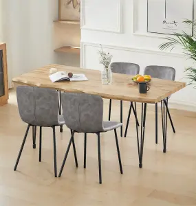 Hallowood Furniture Cullompton Large Dining Table Live Edge Effect Top (1.6m) with 4 Grey Leather Effect Chairs