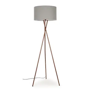 ValueLights Camden Modern Copper Metal Tripod Floor Lamp with Pale Grey Cylinder Shade - Includes 6w LED Bulb 3000K Warm White