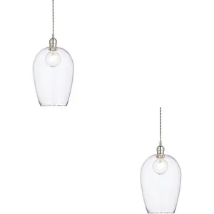 2 PACK Hanging Ceiling Pendant Light - Bright Nickel Plate & Clear Hammered Large Glass - 10W LED E27