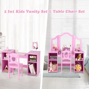 Costway 2-in-1 Kids Vanity Table & Chair Set Makeup Table Dressing Table Desk