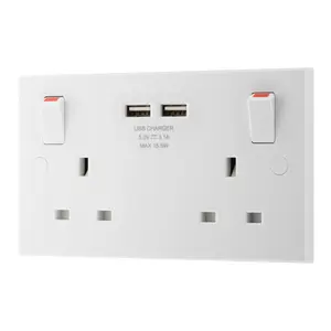 BG White Double 13A Raised square Switched Screwed Socket with USB, x2 & White inserts