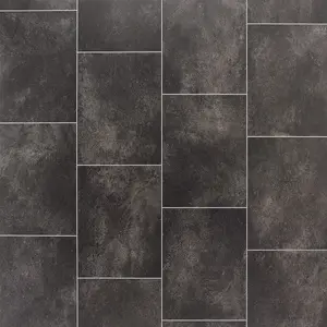 Black Modern Tile Effect Anti-Slip Vinyl Flooring for Bathroom, & Kitchen, 2.3mm Thick Vinyl Sheet-2m(6'6") X 2m(6'6")-4m²