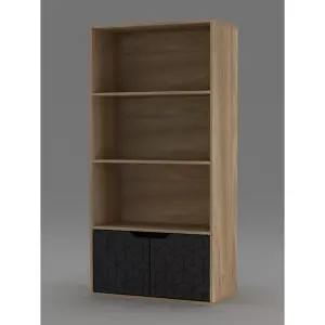 URBNLIVING 4 Tier Oak Wooden Bookcase Cupboard with Black Geo Doors Storage Shelving Display Cabinet