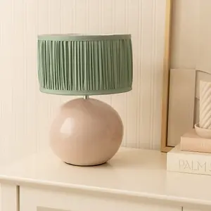 ValueLights Bosco Stone Ceramic Table Lamp with Ruched Pleated Green Fabric Drum Lamp Shade