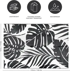 Extra Large Garden Outdoor Rug For Patio, Black & White Tropical Leaf Waterproof Garden Rug 180 x 270cm