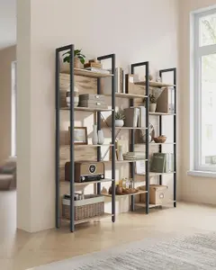 VASAGLE Bookcase, Bookshelf with 14 Shelves, Storage Rack, Sturdy Frame, Shelf Unit, Industrial, Camel Brown and Ink Black