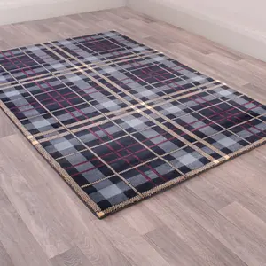 Tartan Blue Chequered Tartan Easy to Clean Rug For Dining Room -80cm X 150cm