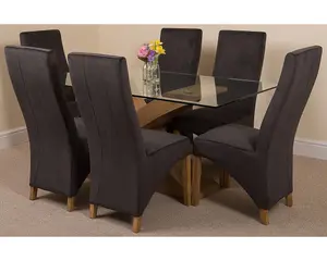 Valencia 160 cm x 90 cm Glass Dining Table and 6 Chairs Dining Set with Lola Black Fabric Chairs