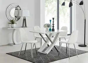 Furniturebox UK Mayfair 4 White High Gloss And Stainless Steel Dining Table And 4 White Corona Silver Leg Chairs