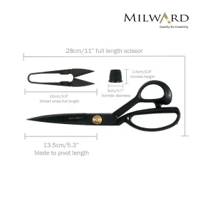 Set: Tailors Shears (28cm), Thread Snips (10cm) and Thimble: Black