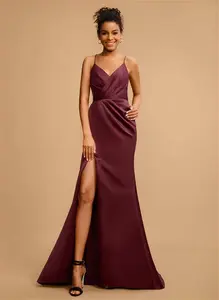 JJ's House Prom Dress Cabernet Sleeveless Long V-Neck Sheath Satin 2025