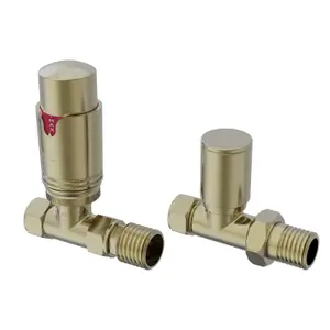 Rinse Bathrooms Thermostatic Radiator Valve 15mm Straight Radiator TRV + Lockshield for Heated Towel Rail Radiator Brushed Brass