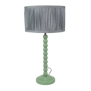 ValueLights Bobbins Sage Green Table Lamp with Ruched Pleated Blue Drum Lamp Shade and LED Bulb