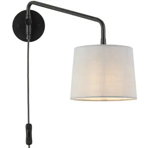 Adjustable Swing Arm Wall Light Matt Black & Grey Fabric Shade Mains Plug in