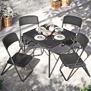 URBNGARDEN 82cm Height Black Square Rattan 4 Folding Chairs with Table Outdoor Garden Furniture