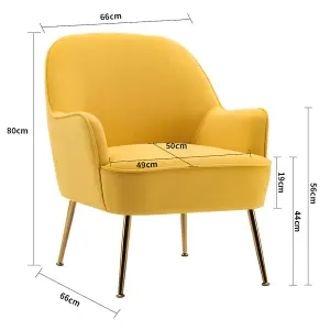 Yellow Velvet Effect Relaxer Chair Occasional Armchair with Gold Plated Feet Yellow