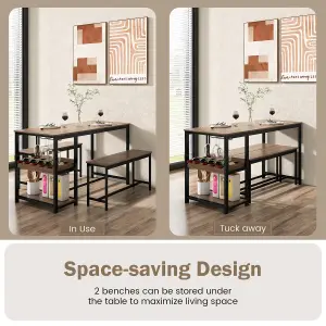 Costway 3PCS Dining Table Set Kitchen Table & 2 Benches W/ Storage Shelf Wine Rack