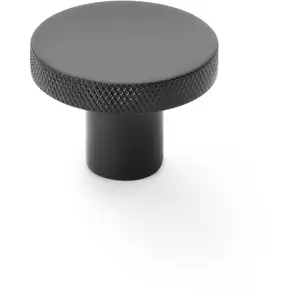 Knurled Round Radio Cupboard Door Knob - 38mm Diameter Matt Black Pull Handle