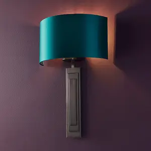 2 PACK Brushed Bronze Plated Wall Light & Teal Satin Half Shade - 1 Bulb Lamp