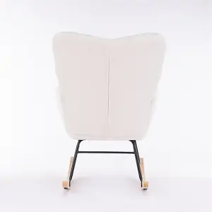 Mid Century Modern Teddy Fabric Tufted Upholstered Rocking Chair Padded Seat For Living Room Bedroom, Ivory White