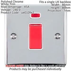 2 PACK 45A DP Oven Switch & Neon Appliance Light CHROME & White Trim